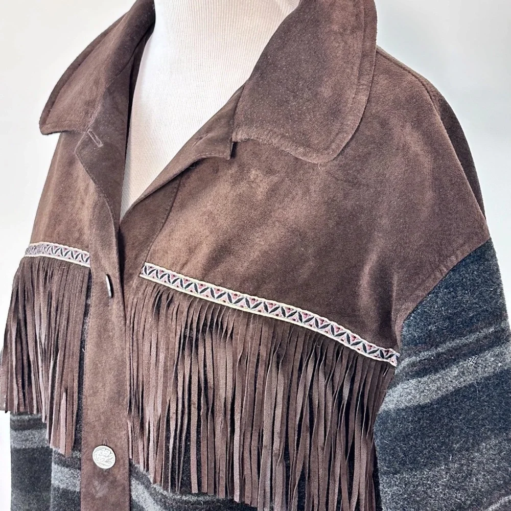 BLEU BLANC ROUGE Vintage Women L Brown/Blue Coat Fringe Suede Yellowstone Tribal